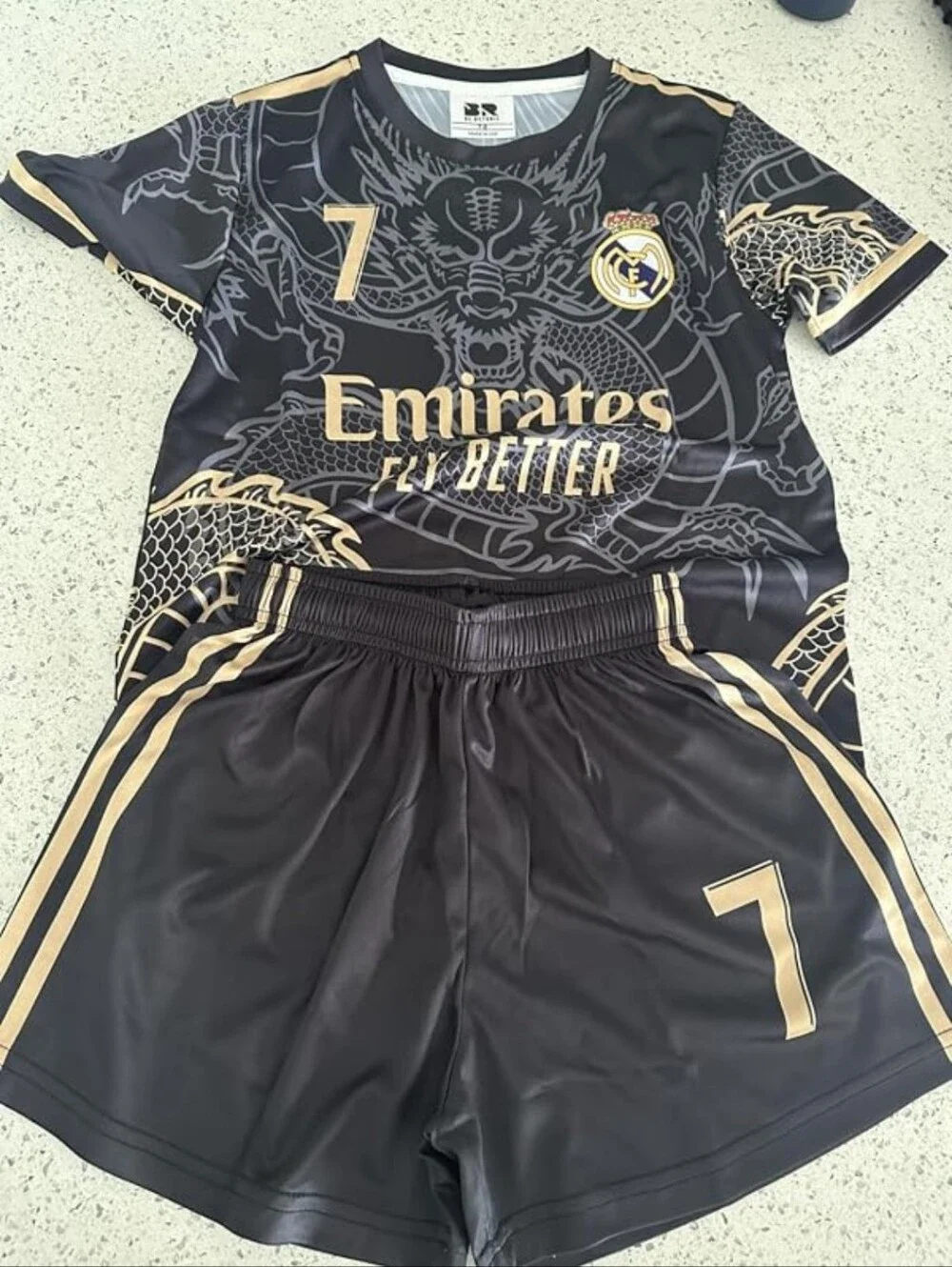 Boys Ronaldo #7 Soccer Jersey & Shorts Set | Black & Gold Dragon Design |